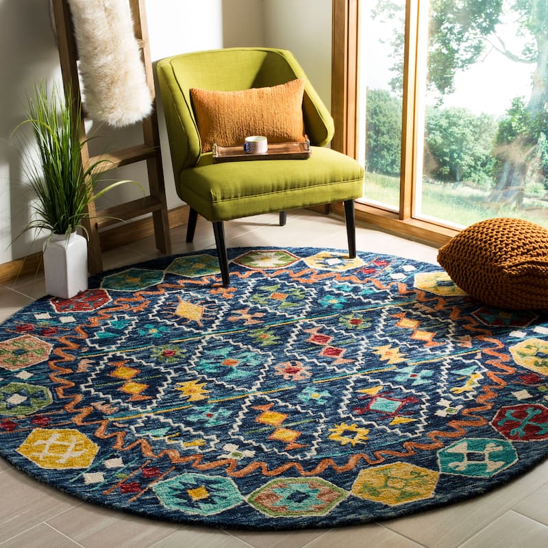 SAFAVIEH, Handmade Aspen Pavica Boho Tribal Wool Rug - 3' Round - Navy/Gold