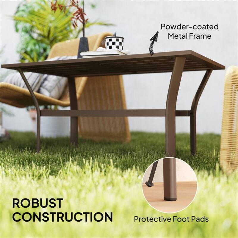 Brown Metal Outdoor Coffee Table with Slatted Top and Powder-Coated Frame - 36" L x 21.7" W x 17.7" H