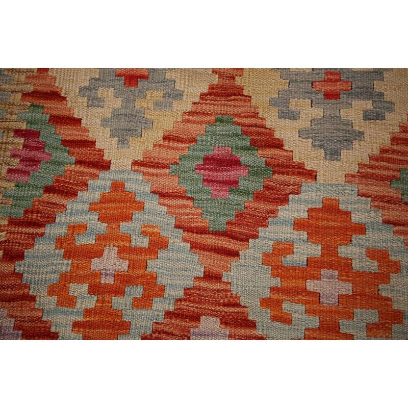 Geometric Kilim Oriental Runner Rug Hand-Woven Wool Carpet - 2'9"x 16'4"