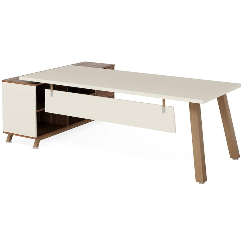 78.7" L-Shaped Executive Desk with 55" File Cabinet, Walnut & White Workstation Furniture