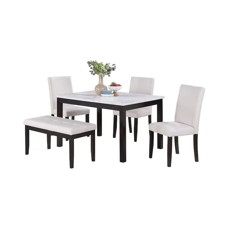 Wesley 5pc Dining Table Set, White Faux-Leather, Faux Marble, Cherry Brown