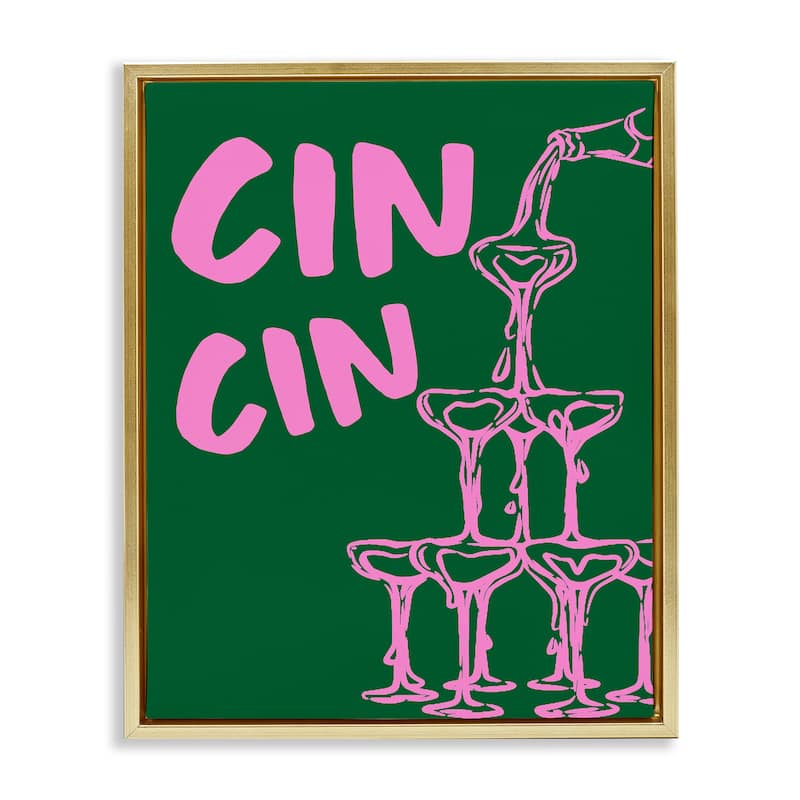 Stupell Green & Pink Cin Cin Framed Floater Canvas Wall Art Design By House of Lulu - 25 x 31 - Gold