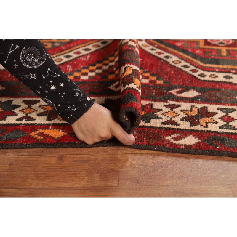 Red Geometric Distressed Bakhtiari Persian Vintage Wool Carpet - 5'0"x 10'1"