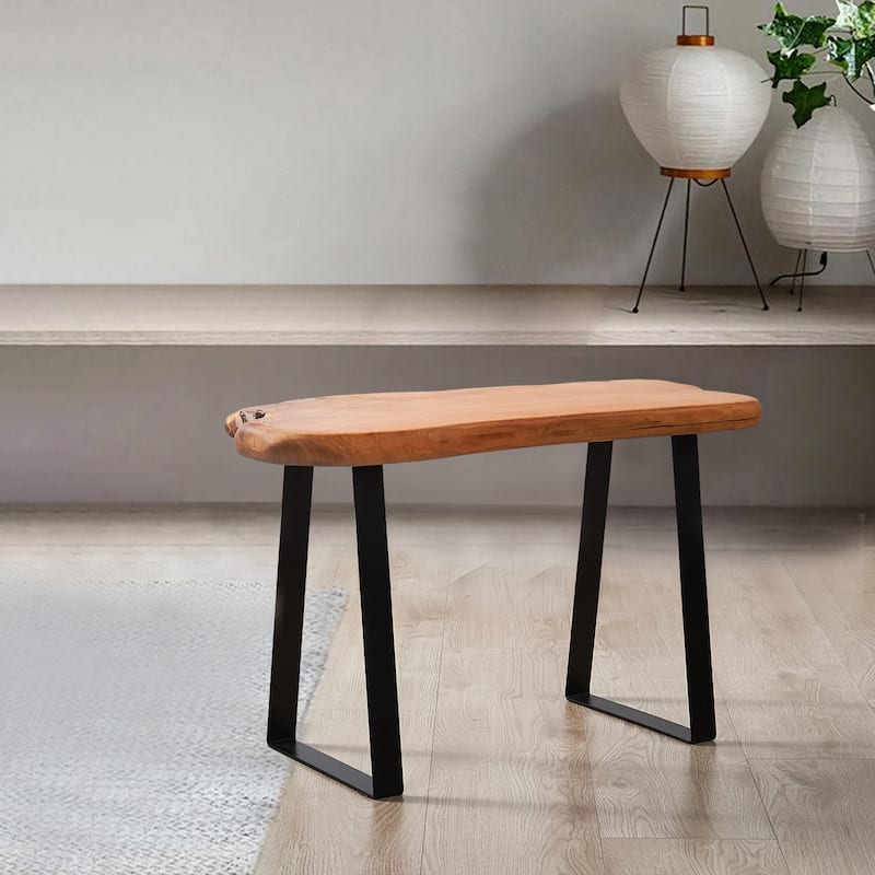 Greenage Live Edge Cut Cedar Roots Rustic Stool with Flat Iron Leg - 27.5" x 14" x 17.4"