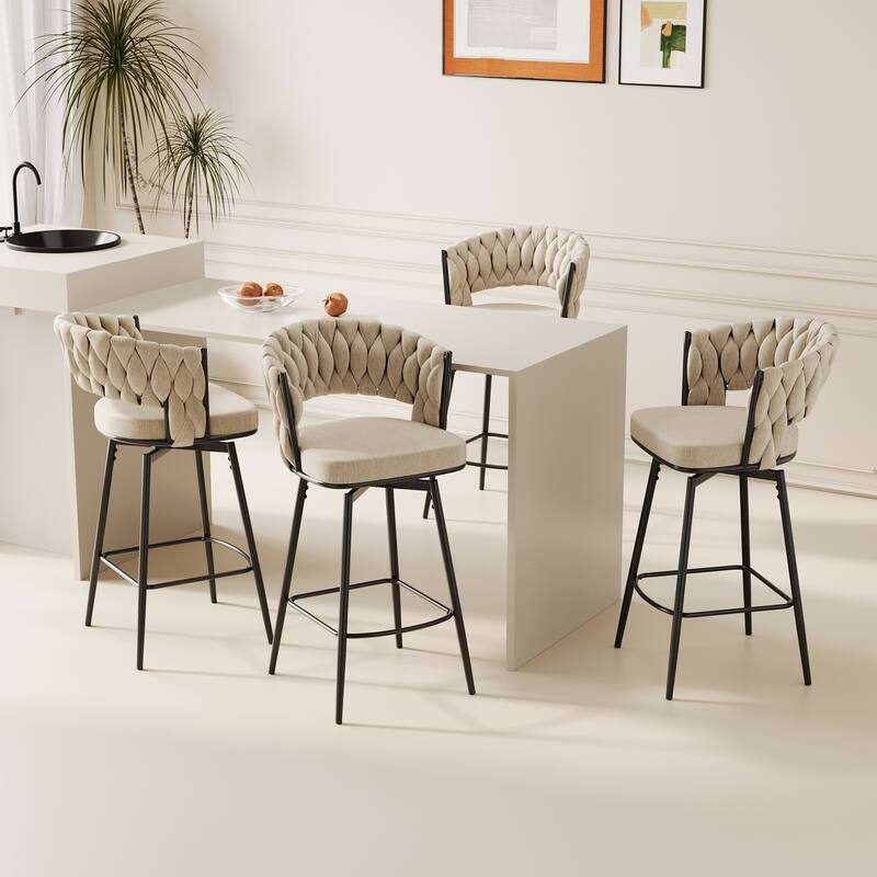 360° Swivel Bar Chairs Set of 2, with Upholstered Woven Backrest, Pub Chairs wMetal Leg Footrest Bar Chairs Bar Seating