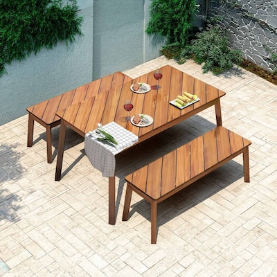3-Piece Acacia Wood Patio Dining Set with Benches – Indoor & Outdoor Picnic Table