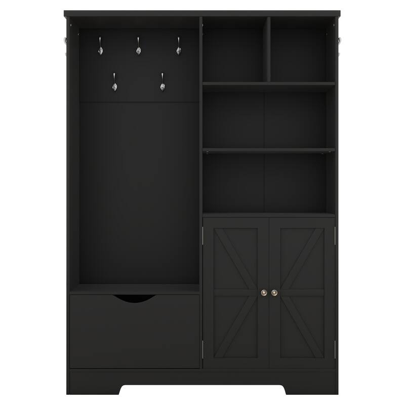 Multi-functional Hall Tree with Storage Shelves Drawers and Cabinet, Elegant Hallway Shoe Cabinet with Bench, Modern Coat Rack
