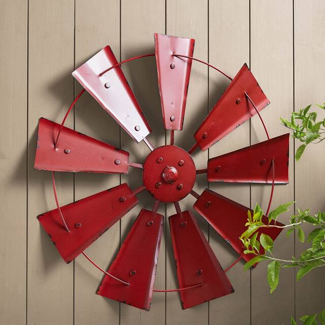 Glitzhome Farmhouse Rustic Wind Spinner Wall Decor - 22 x 22 - Round Red