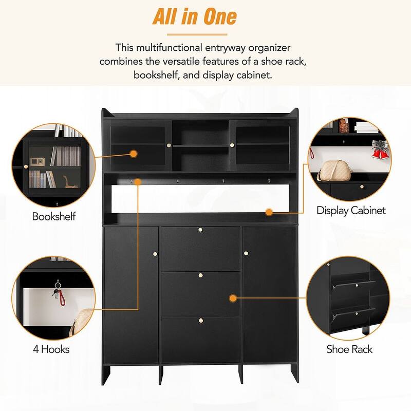 Hall Tree and Shoe Storage Bench with Flip Drawers and Doors
