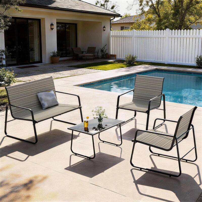 Kullavik 4 Pieces Textile Patio Conversation Set with Coffee Table, Loveseat and 2 Single Chairs
