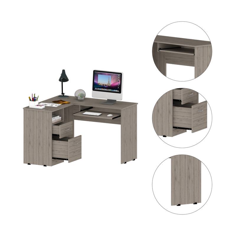Modern L-Shaped Computer Desk with Storage Drawers, Keyboard Tray, and Shelf