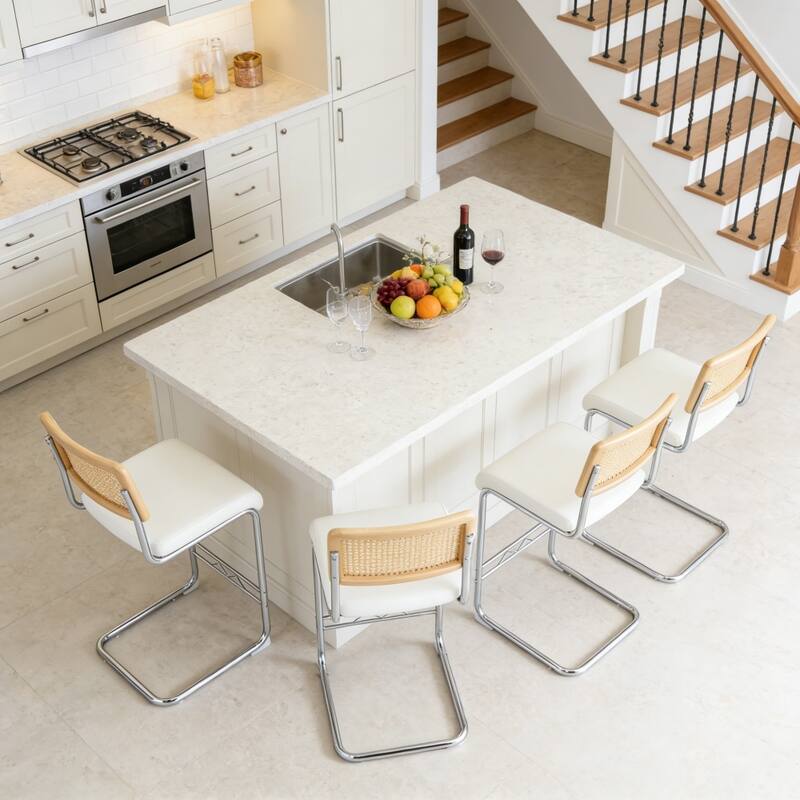 Natural Rattan & Solid Wood Bar Stool Set of 4 - 25" Medieval Modern Style with PU Seat & Chrome Legs