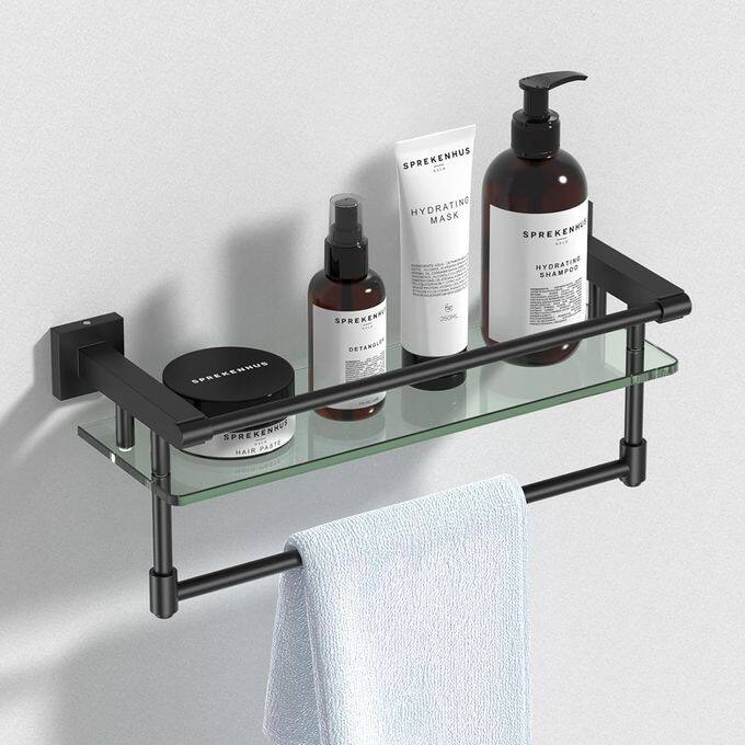 Bathroom Glass Shelf with Towel Rack SUS304 Stainless Steel 16” Wall Tempered Glass Shelf - 6.4 x 5.9 x 19.6 inches