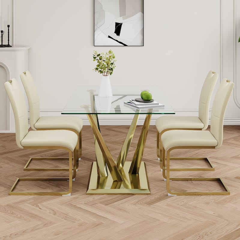 5-Piece Rectangular Dining Table Set for 4 Modern 63" Tempered Glass Kitchen Table with 4 Chairs, Luxury Dining Room Table Set