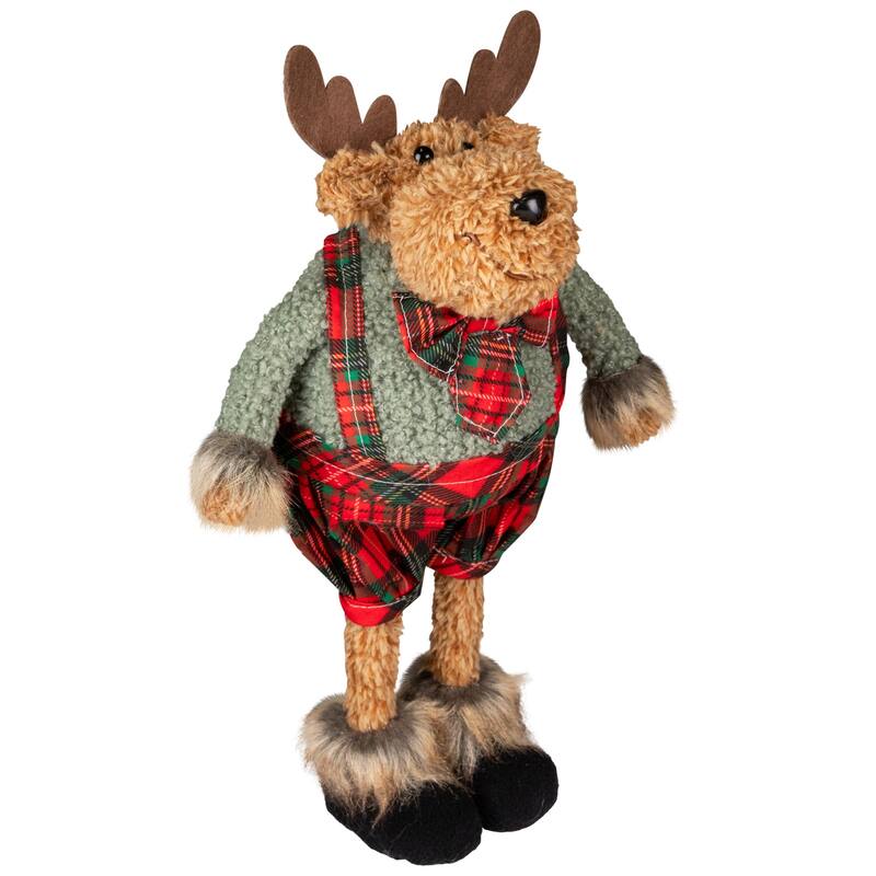 Standing Moose in Plaid Overall Shorts Christmas Figure - 12.5" - Brown and Red