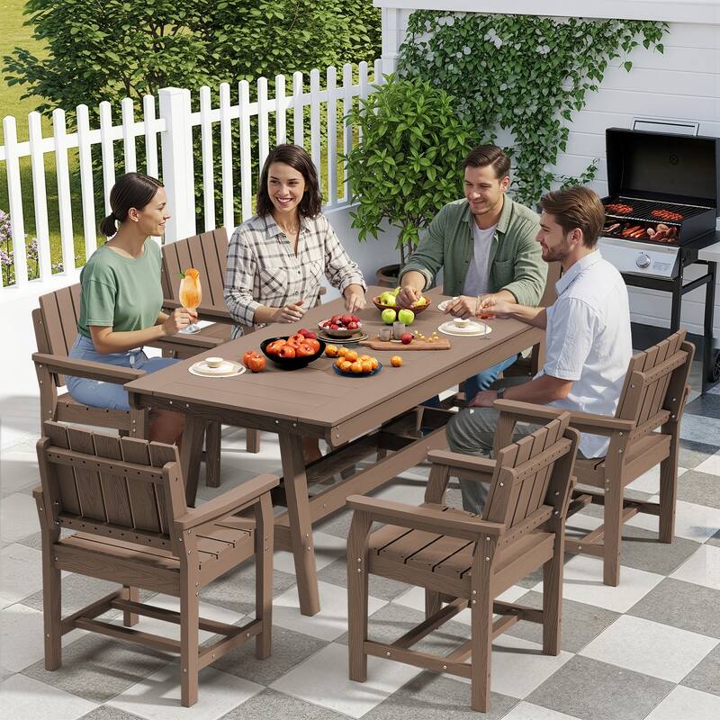 7-Piece HDPE Outdoor & Indoor Dining Set, Rectangular 67.91in W Table with Umbrella Hole and 6 Chairs Set of 7, Wood-Look Finish