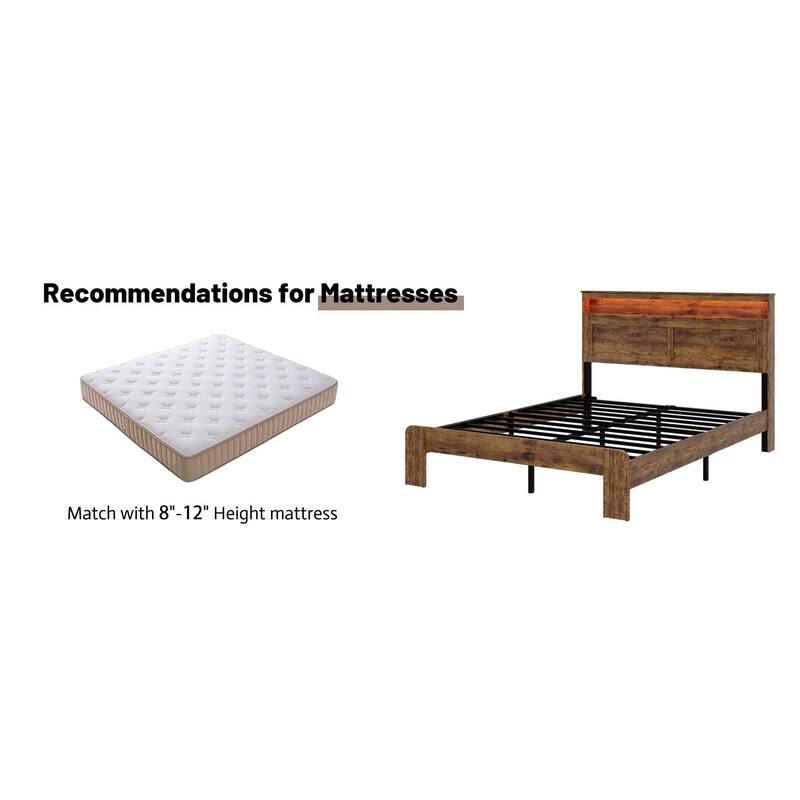 Queen Size Wood Platform Bed Frame with Storage, LED Light Headboard and 2 USB Ports, Noise-Free