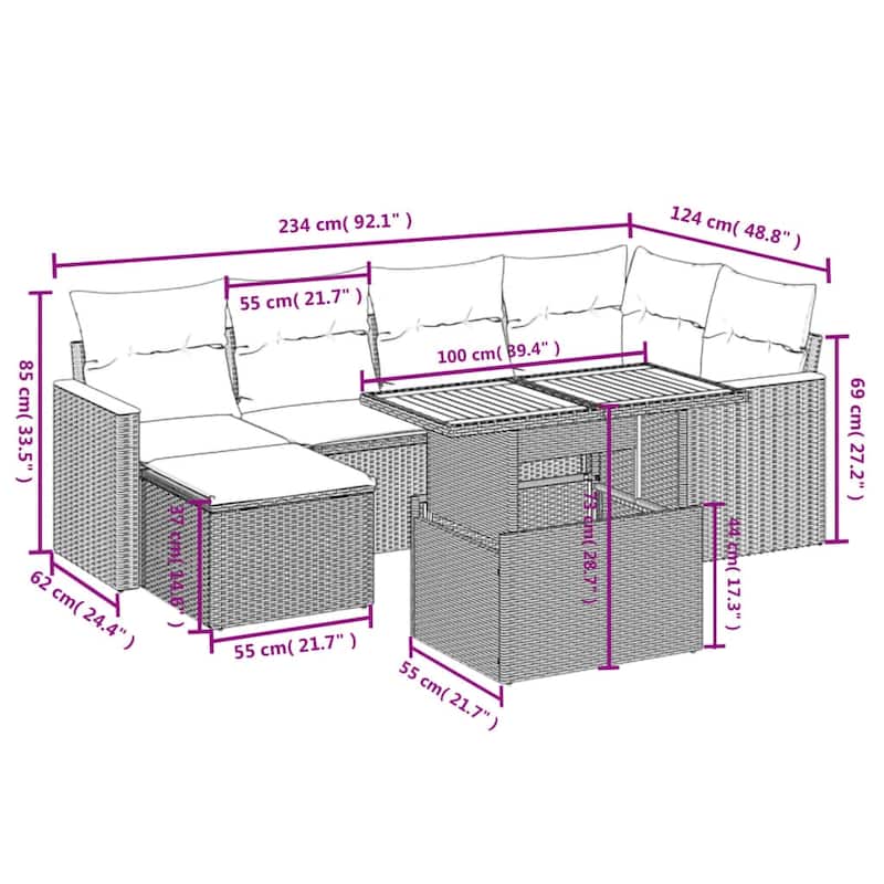 vidaXL Patio Sofa Set with Cushions Stool and Sofas 7 Piece Poly Rattan Acacia - 21.7 x 39.4 x 28.7 in
