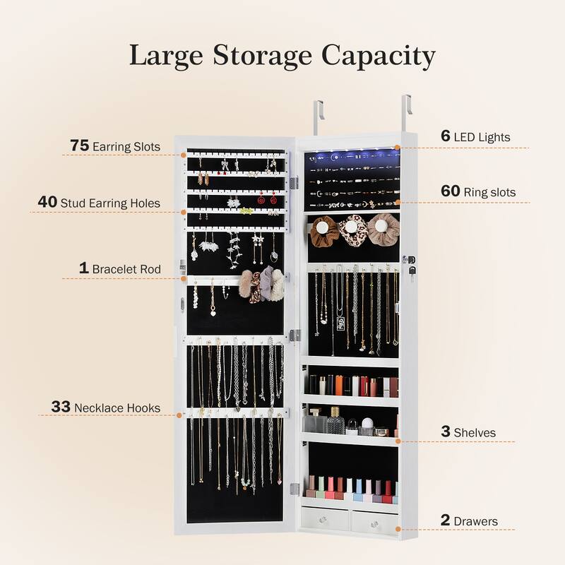 Full-Length LED Jewelry Mirror Cabinet - Lockable Wall/Door Mounted Armoire with 2 Drawers & 6 Lights