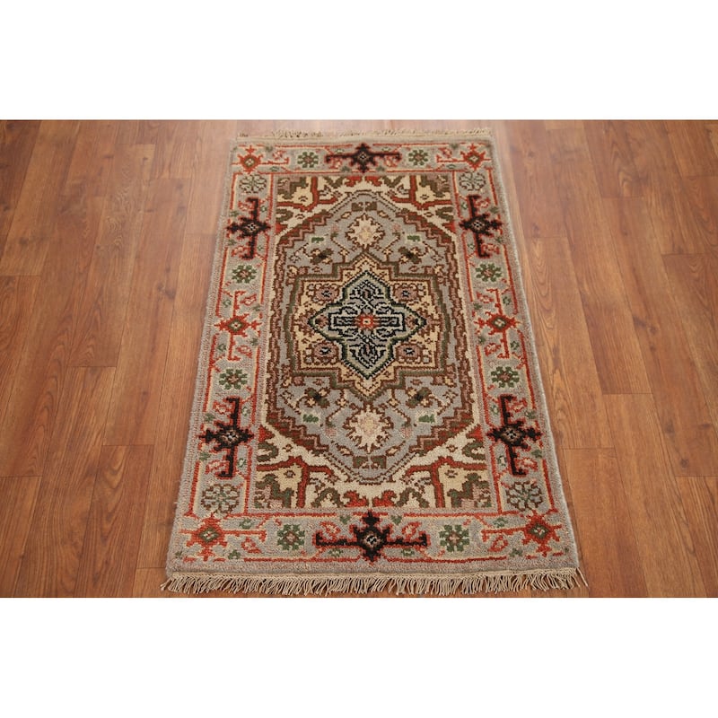 Hand Knotted Oriental 100% Wool Carpet Traditional Medallion Greys & Charcoal Heriz (serapi) Area Rug - 3' 0'' X 2' 0''