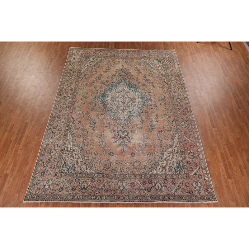 Distressed Tabriz Vintage Persian Rug Dining Room Handmade Wool Carpet - 9'3" x 12'9"