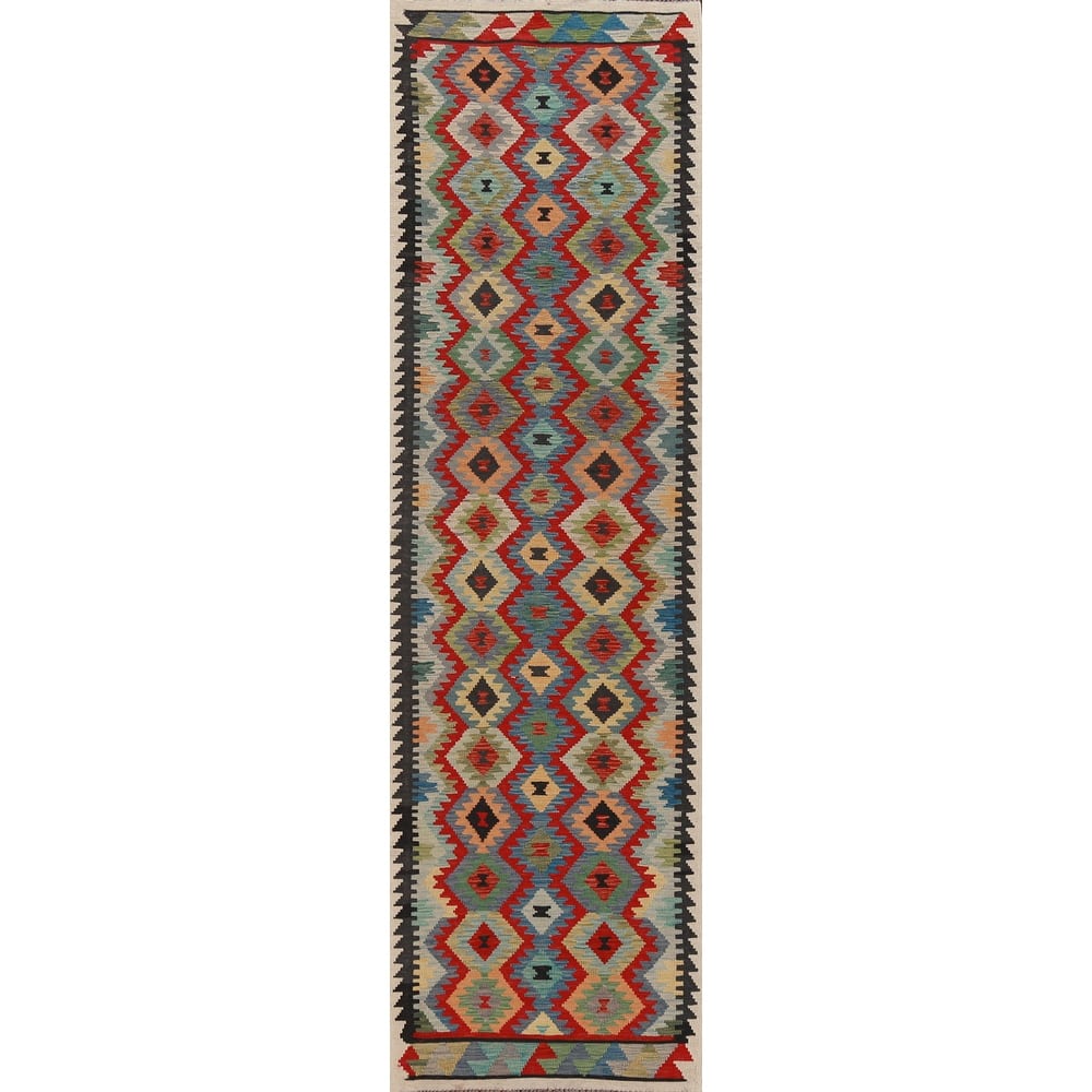 Hand Woven Oriental 100% Wool Carpet Southwestern All-Over Multi-Colored Kilim Runner Rug - 12' 7'' X 2' 8''