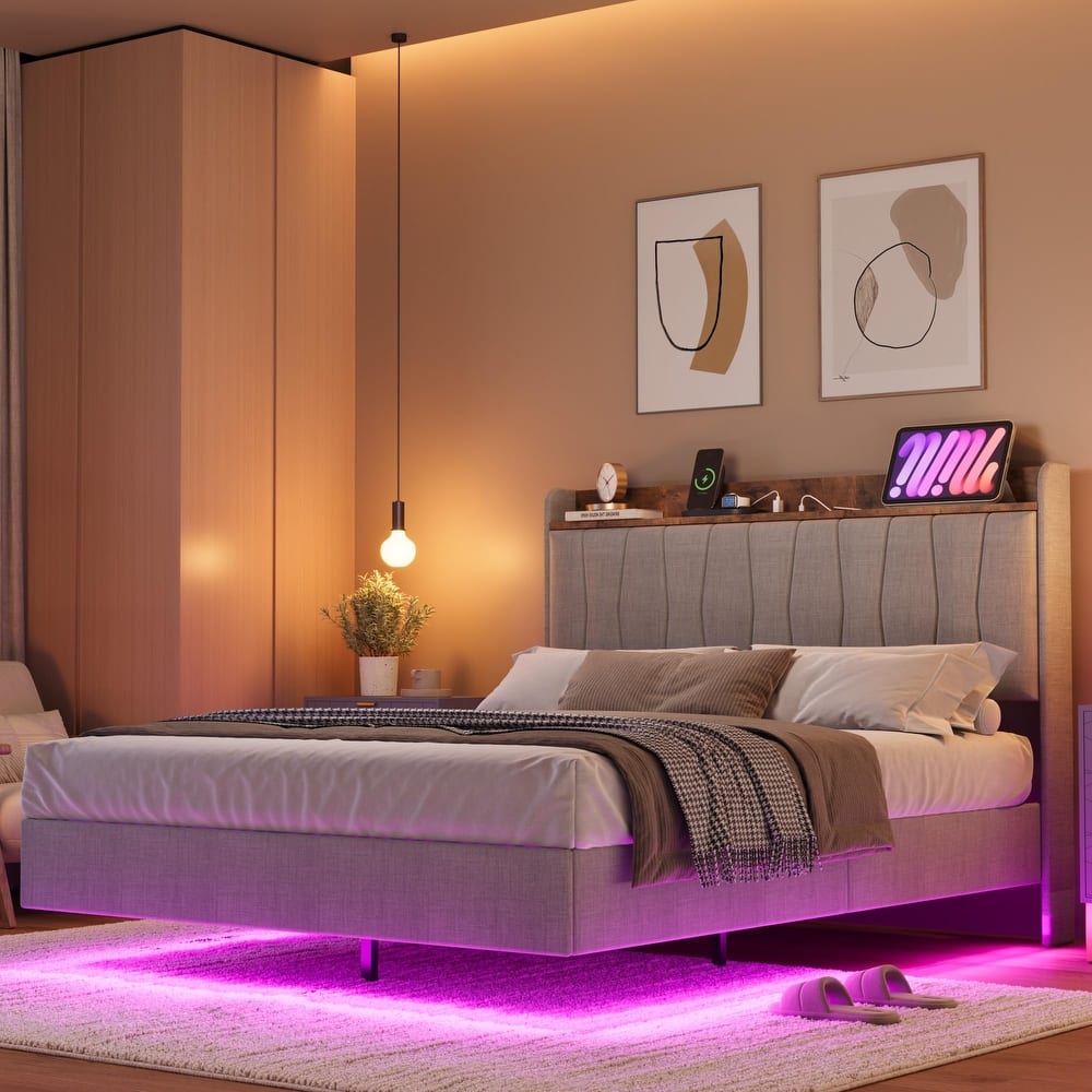 Full/Queen/King Floating Bed Frame with LED Lights & Charging Station, Upholstered Platform Bed with Storage Headboard