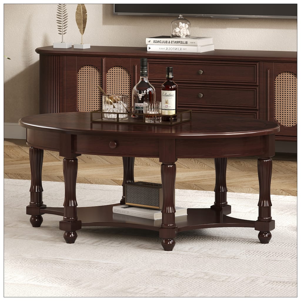 Vintage Oval Coffee Table with Drawer and Storage Shelf