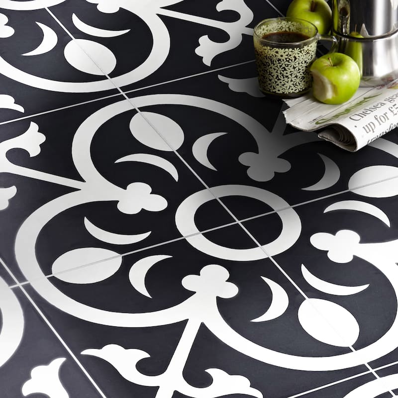 Nador Handmade Cement Tile, 8''x8'', Black-White ( Morocco)