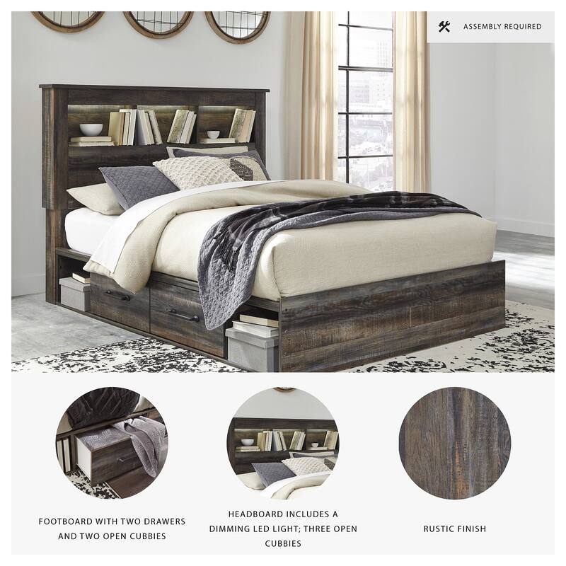 Drystan Rustic Brown Bookcase Bed with 2 Under Bed Storage Drawers