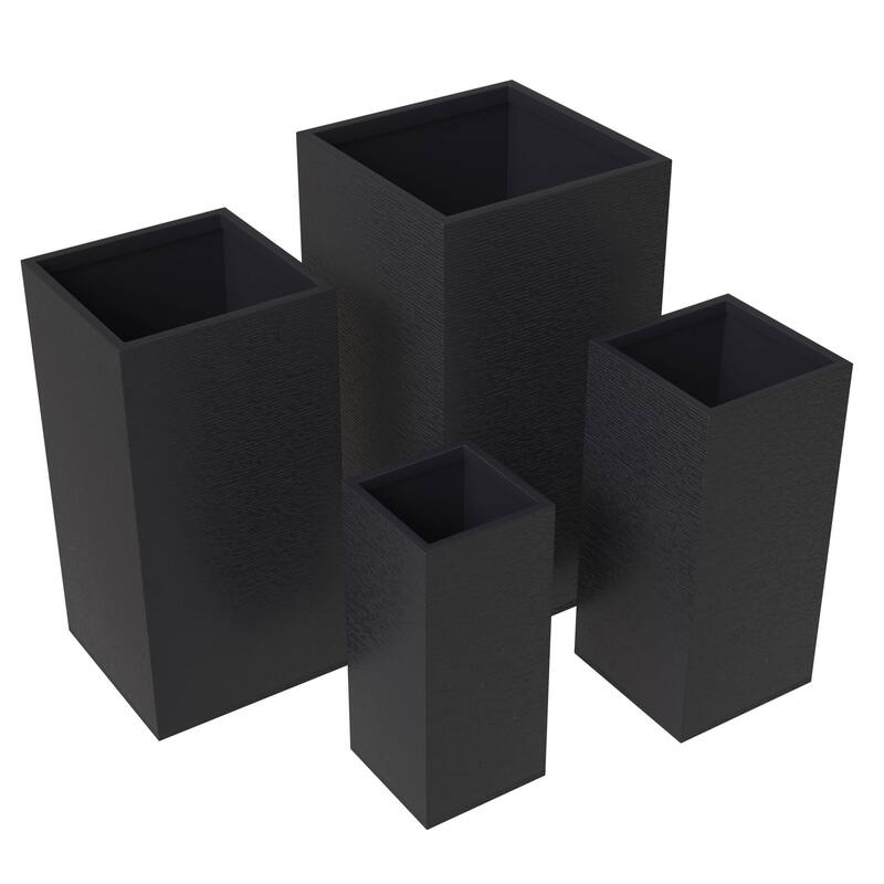 Basalt 4-Piece Tall Square Planter Set, Durable Fiberstone & Clay, Weather-Resistant Indoor/Outdoor Pots with Drainage