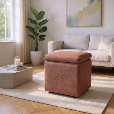 Brown Linen Square Storage Ottoman Footrest with Hidden Compartment for Living Room or Bedroom