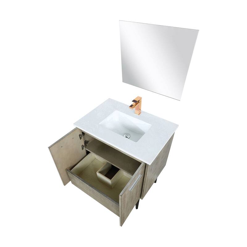 30 in. Rustic Acacia Bath Vanity with Marble Top, Rose Gold Labaro Faucet, and 28 in. Mirror, Soft-Close Doors, Bathroom Storage