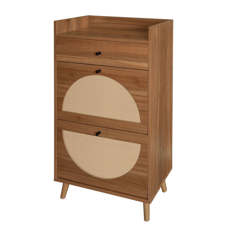Entryway Shoe Storage Cabinet, Freestanding Rattan Shoe Rack, Shoe Organizer with 2 Flip Drawers & 1 Pull-Out drawer