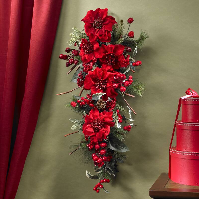 30" Poinsettia Artificial Christmas Teardrop Swag, Unlit - Red