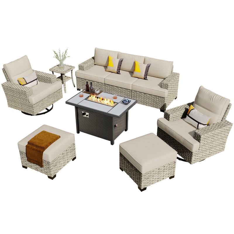 HOOOWOOO 9-piece Wicker Patio Furniture Swivel Rocking Chair Set with Fire Pit