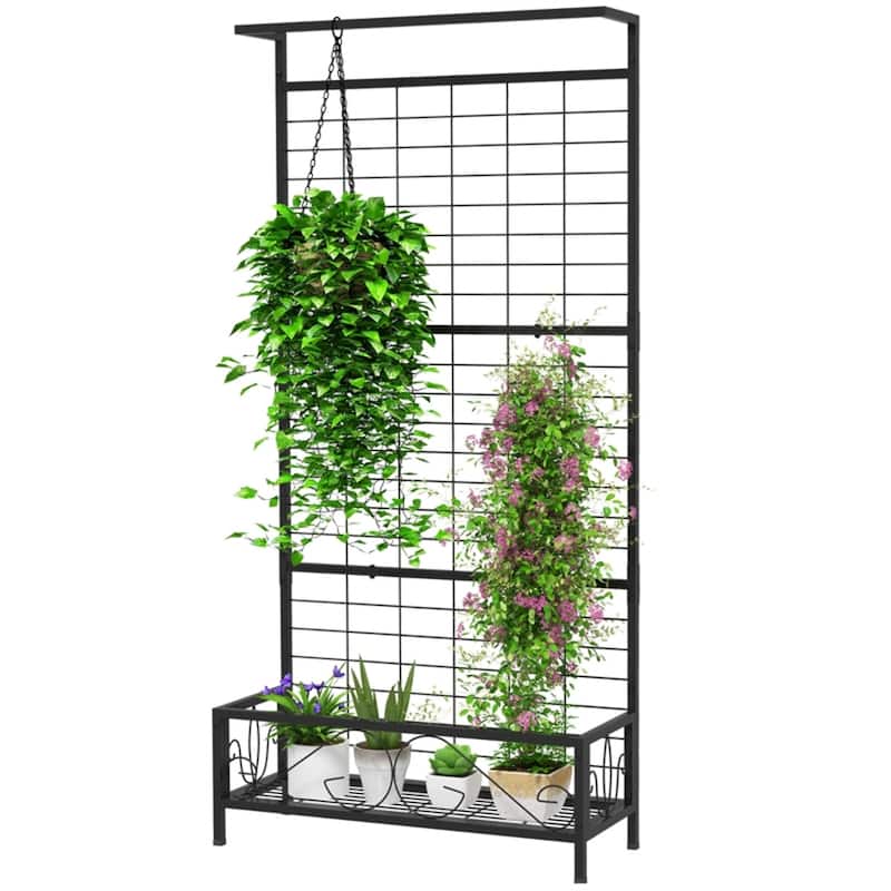 74-Inch Tall Steel Flower Stand with Trellis and Hanging Basket Roof for Garden Patio Plants - 36.2" W x 12.8" D x 74.2" H - Black