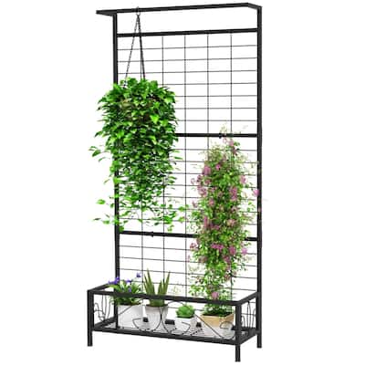 74-Inch Tall Steel Flower Stand with Trellis and Hanging Basket Roof for Garden Patio Plants - 36.2" W x 12.8" D x 74.2" H