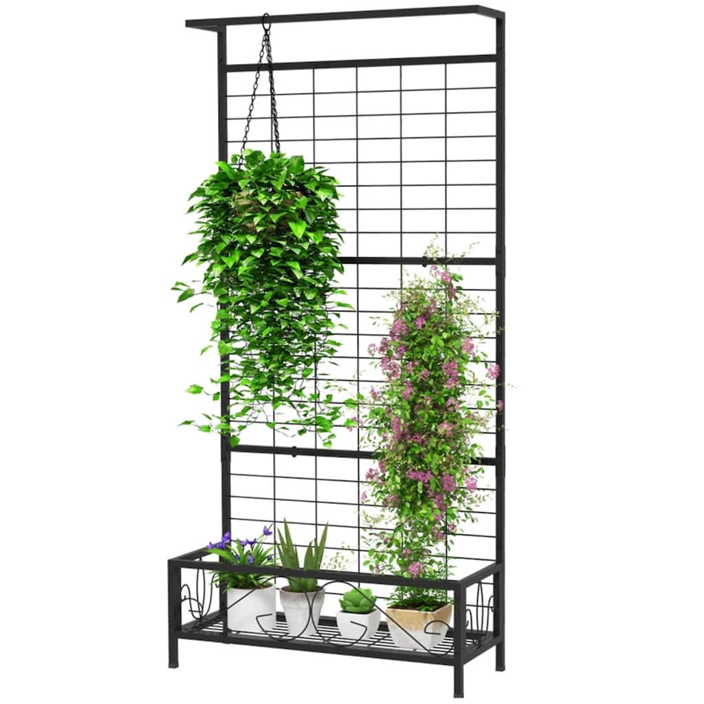 74-Inch Tall Steel Flower Stand with Trellis and Hanging Basket Roof for Garden Patio Plants - 36.2" W x 12.8" D x 74.2" H