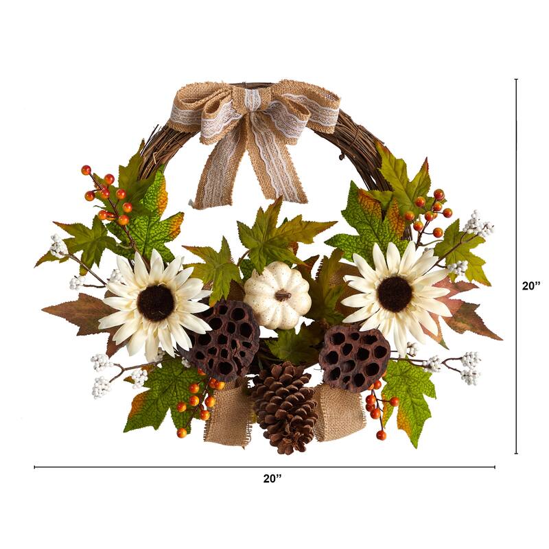Sunflower Pumpkin Dried Lotus Pod Artificial Fall Harvest Wreath 20-"