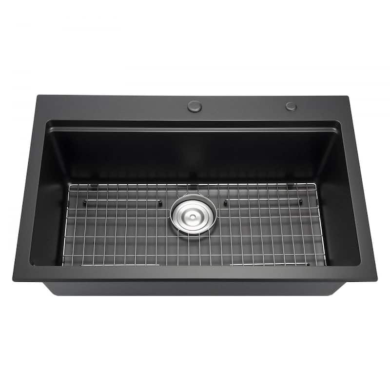33" Top-Mount Black Kitchen Sink Granite Single Bowl with Roll-Up Rack and Cutting Board - 33" x 22" x 10"