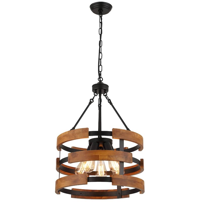 Modern Farmhouse 5-Light Drum Wood Chandelier Round Pendant Lights for Dining Room - 18" D x 24" H