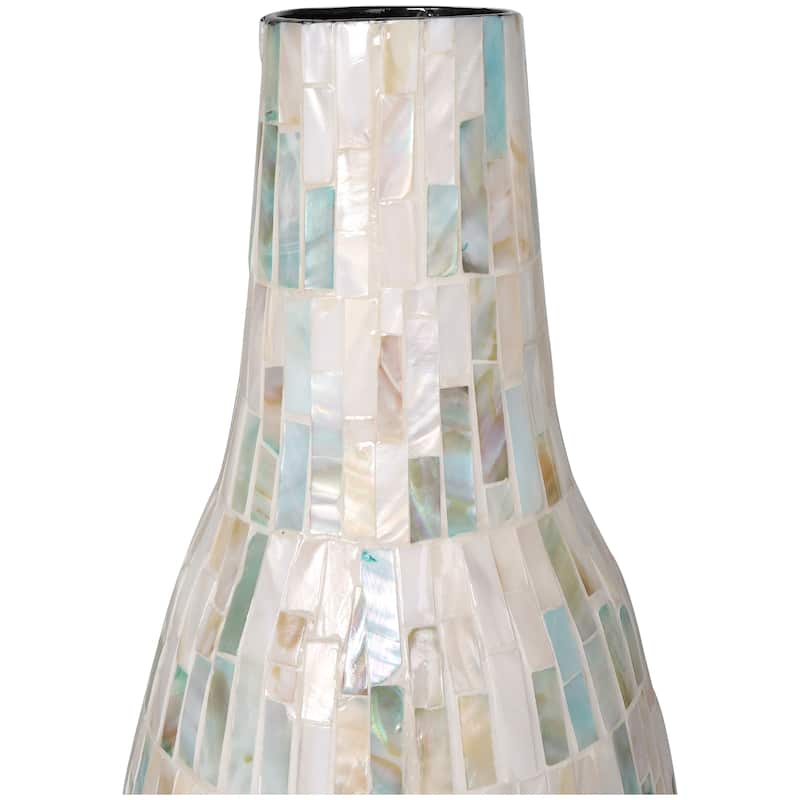 White Mother of Pearl Shell Handmade Mosaic Inspired Decorative Vase with Pastel Blue and Pink Accents