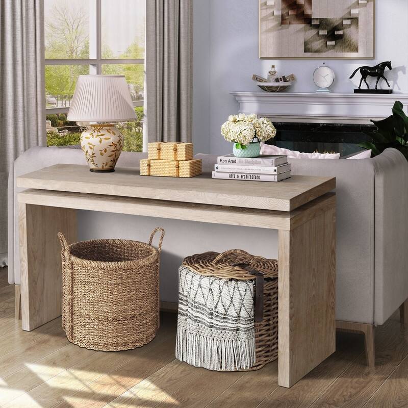 60'' Farmhouse Console Table - Retro Wooden Entryway Table with Double Board Suspension Design, Solid Wood & MDF, Sofa Table