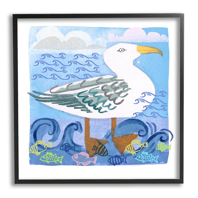 Stupell Whimsical Seagull Bird Layered Ocean Waves Painting Framed Wall Art, Design by unknown - 17 x 17 - Black