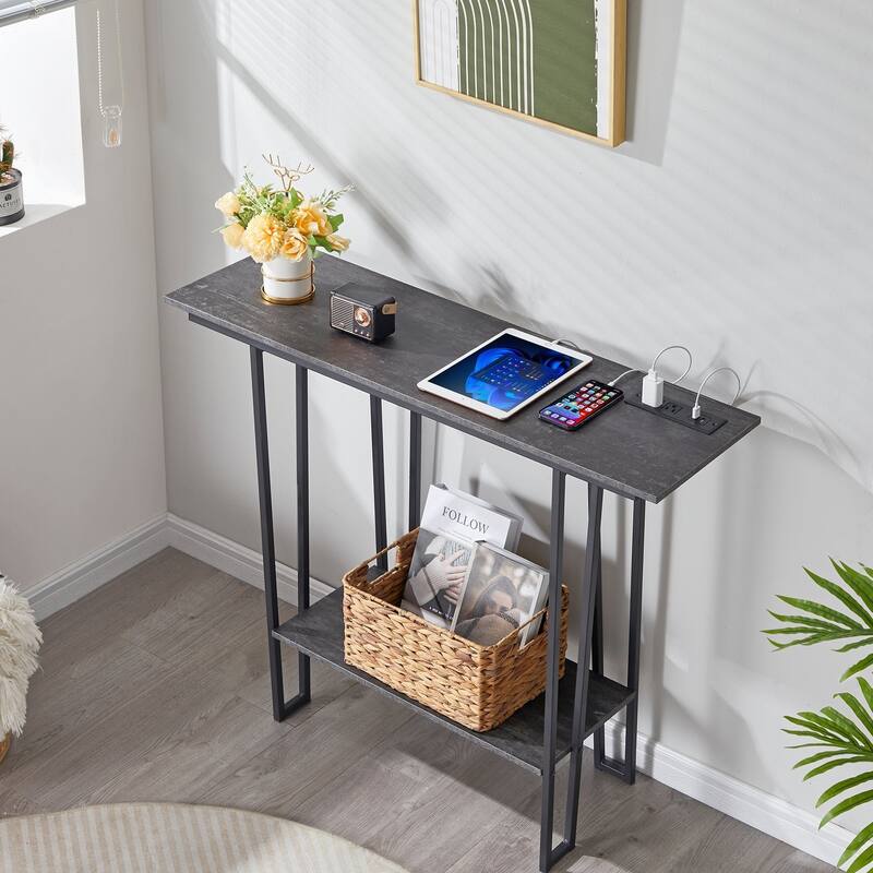 Console Table with Outlets for Entryway, Sofa Table with Wood Shelves, Industrial Entryway Table Foyer Table