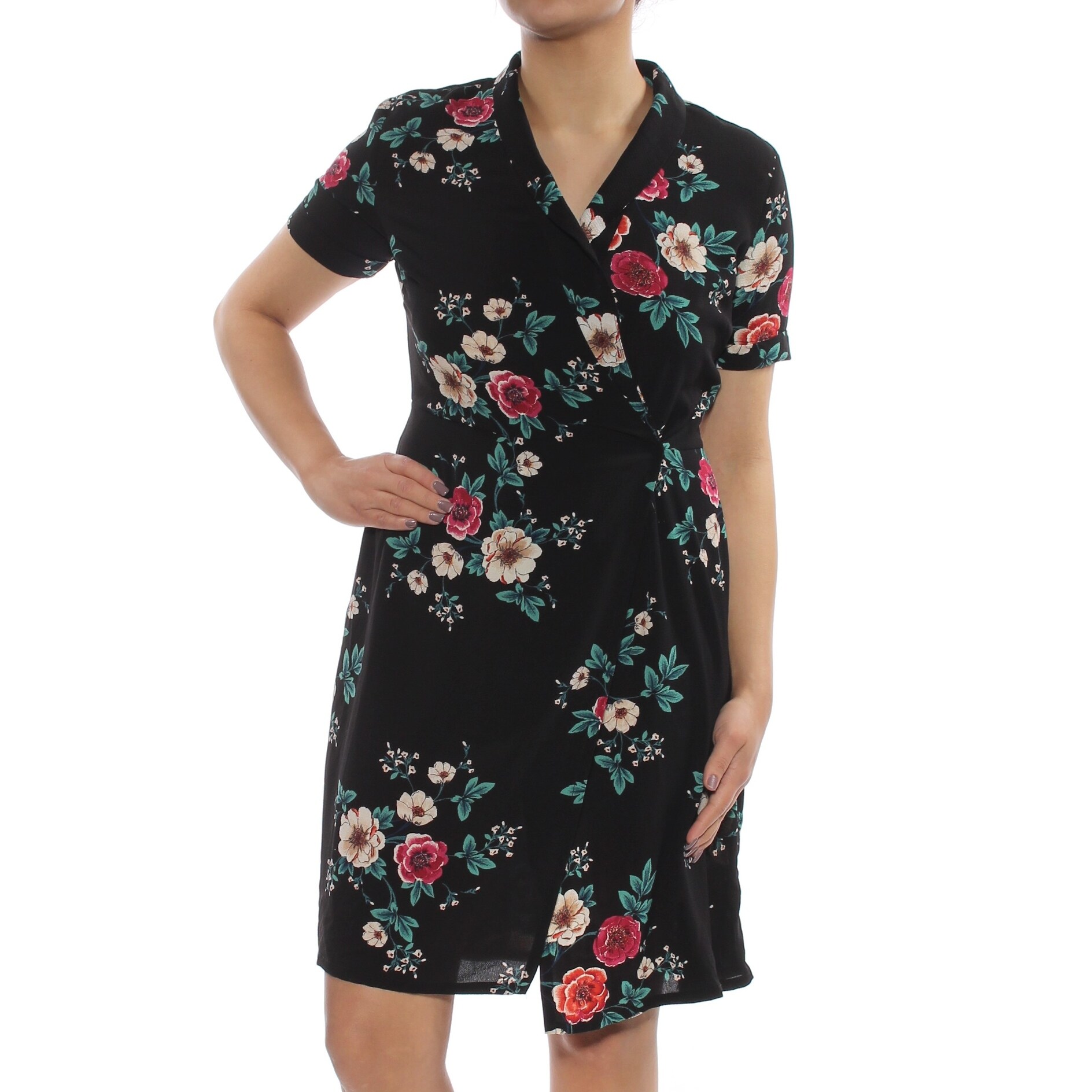 Shop Glam Black Short Sleeve Knee Length Wrap Dress Dress Size Xs