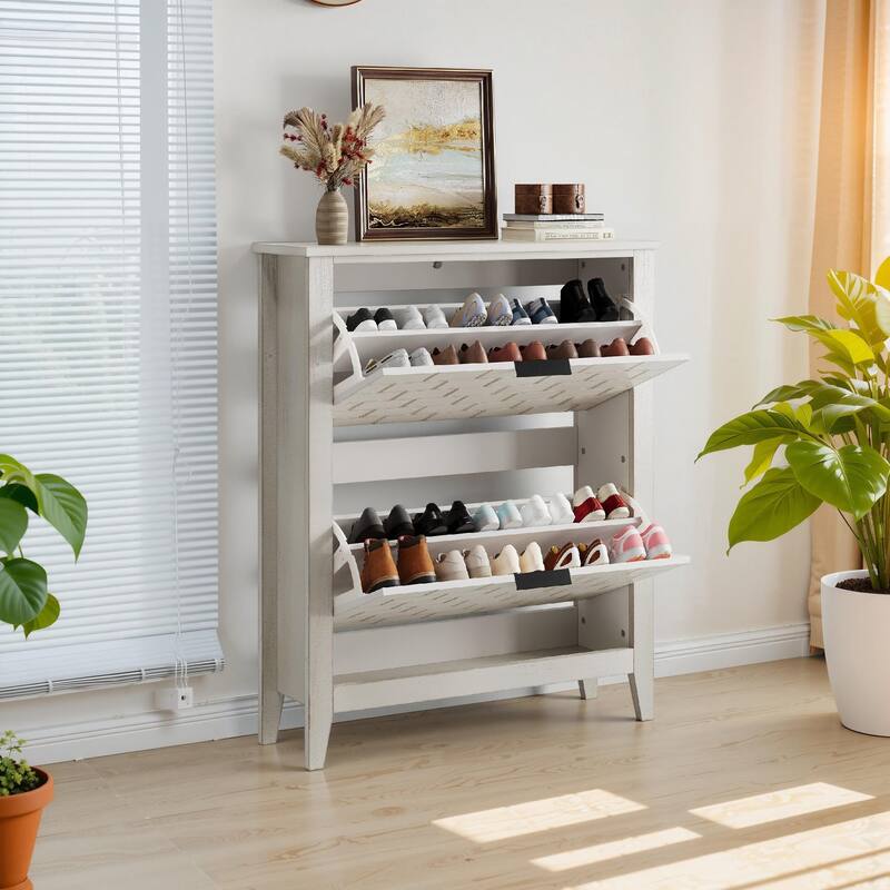 Shoe Storage Cabinet with 2 Flip Drawers & Adjustable Shelves, Freestanding Wooden Cabinet, Shoe Cabinet with Solid Wood Legs