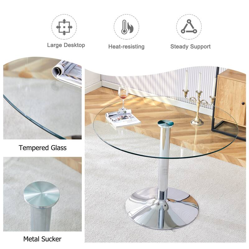 A glass tabletop with a diameter of 39.7 inches and a modern minimalist circular dining table with electroplated metal legs
