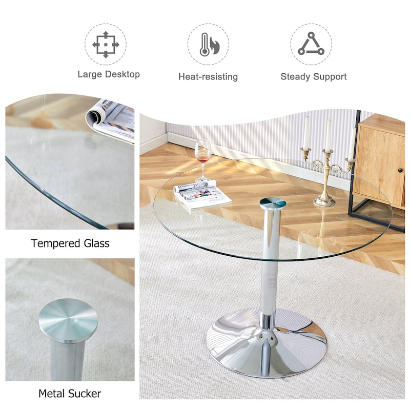Roomfitters Round Glass Dining Table with 39.7 Inch Top and Silver Electroplated Legs for Dining Area, Silver, Transparent